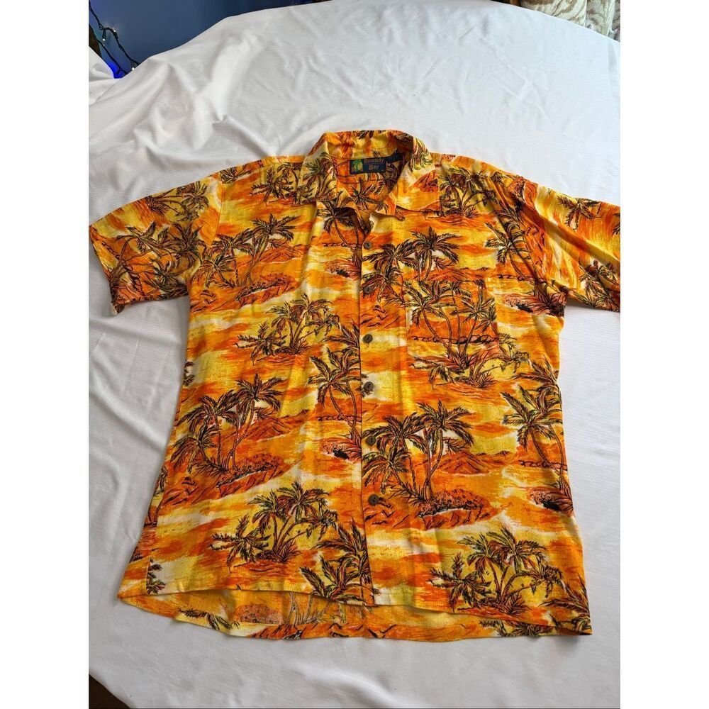 Roundy Bay Hawaiian Camp Shirt Mens XL Orange Tropical Palm Tree Aloha VTG